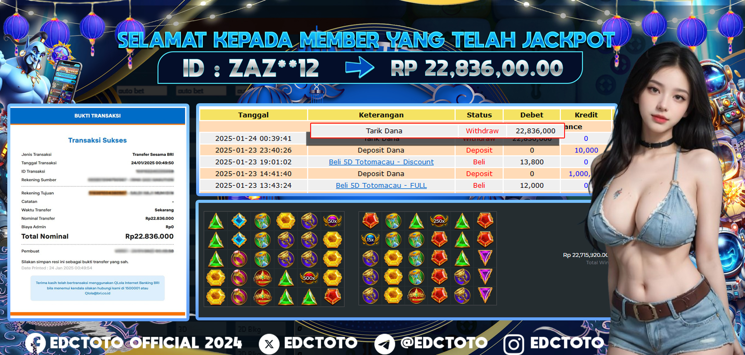 Selamat Kepada Member EDCTOTO JACKPOT 22,8JT Di GATES OF OLYMPUS Pragmatic Play  Jangan ragukan situs RESMI EDCTOTO  ID : ZAZ**12 24-01-2025  RP : 22,836,000 untuk kemenangan sudah mendarat ke rekening pemenang     Untuk info lebih lanjut bisa ke CS EDCTOTO yang siap melayani Anda 24 jam