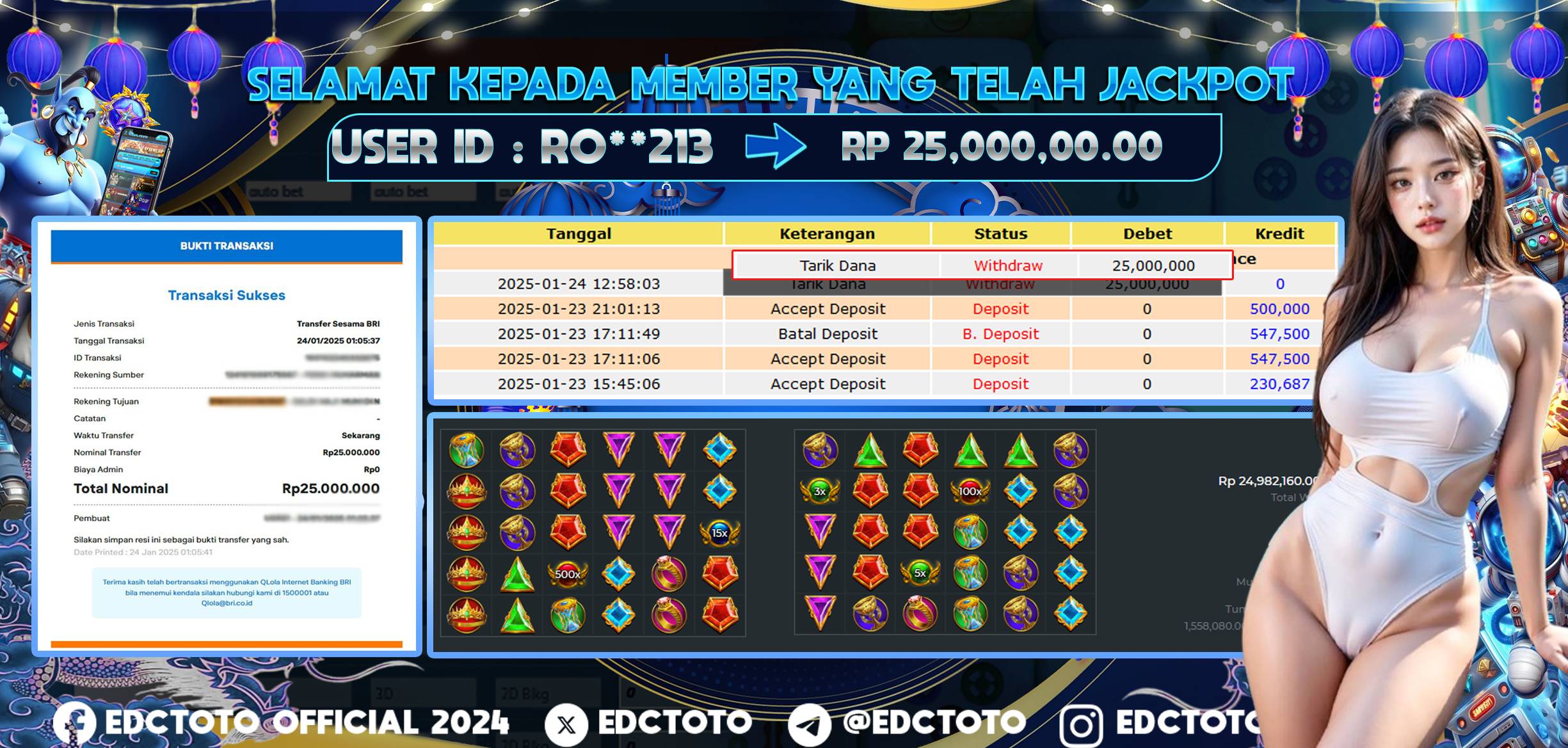 Selamat Kepada Member EDCTOTO JACKPOT 25JT Di GATES OF OLYMPUS Pragmatic Play  Jangan ragukan situs RESMI EDCTOTO  ID : RO**213 24-01-2025  RP : 25,000,000 untuk kemenangan sudah mendarat ke rekening pemenang  
