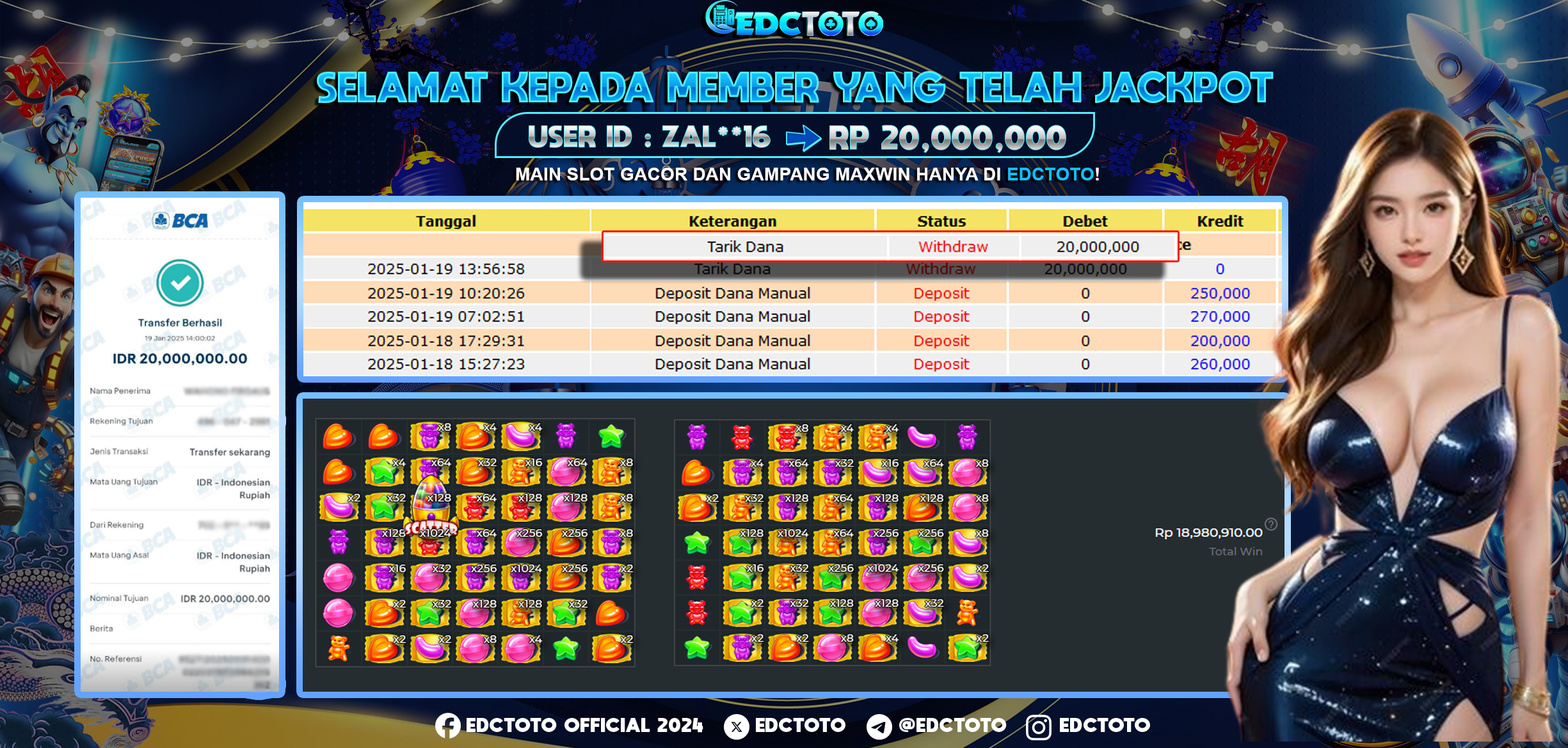 Selamat Kepada Member EDCTOTO JACKPOT 20 JT Di  SUGAR RUSH pragmatic play  Jangan ragukan situs RESMI EDCTOTO  ID : ZAL**16 19-01-2025  RP : 20,000,000 untuk kemenangan sudah mendarat ke rekening pemenang  