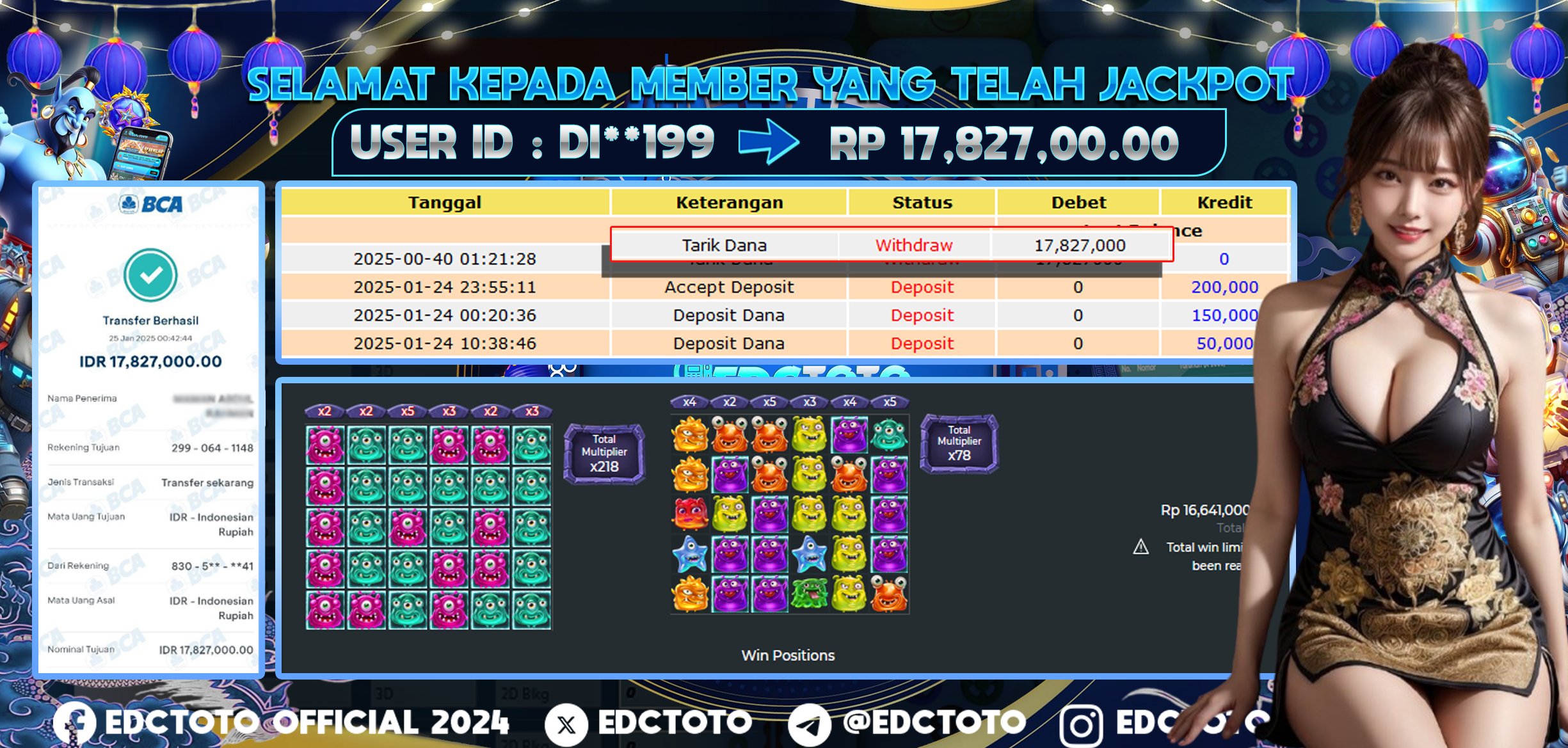 Selamat Kepada Member EDCTOTO JACKPOT 17,8JT Di MONSTERS SUPERLANCHE Pragmatic Play  Jangan ragukan situs RESMI EDCTOTO  ID : DI**199 25-01-2025  RP : 17,872,000 untuk kemenangan sudah mendarat ke rekening pemenang  