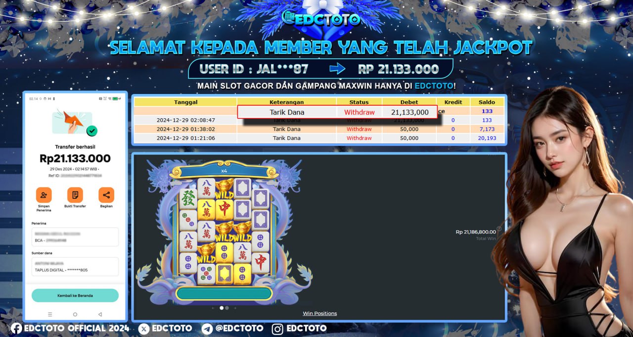 Selamat Kepada Member EDCTOTO JACKPOT 21JT Di  MAHJONG WINS 3 pragmatic play  Jangan ragukan situs RESMI EDCTOTO