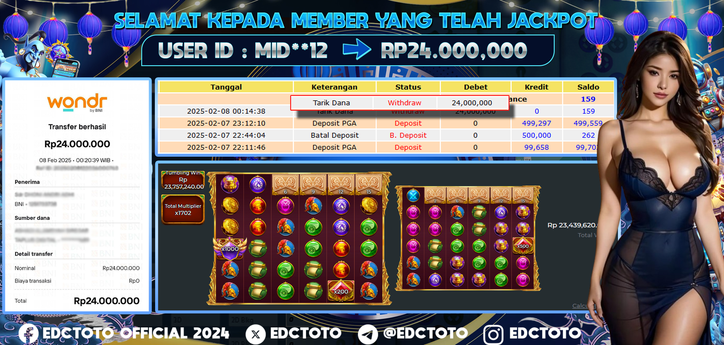 Selamat Kepada Member EDCTOTO JACKPOT 24JT DI Wisdom of Athena 1000 Pragmatic Play  Jangan ragukan situs RESMI EDCTOTO  ID : MID**12  08-02-2025  RP : 24,000.000 untuk kemenangan sudah mendarat ke rekening pemenang