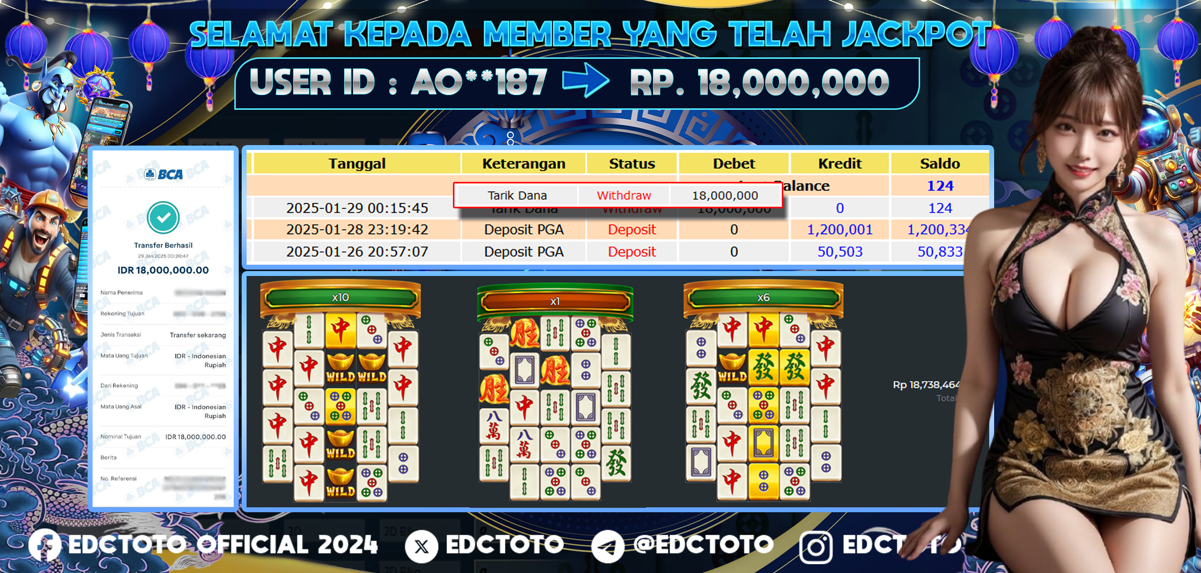 Selamat Kepada Member EDCTOTO JACKPOT 18JT Di MAHJONG WINS 2  ragmatic Play  Jangan ragukan situs RESMI EDCTOTO  ID : AO**187 29-01-2025  RP : 18,000.000 untuk kemenangan sudah mendarat ke rekening pemenang  