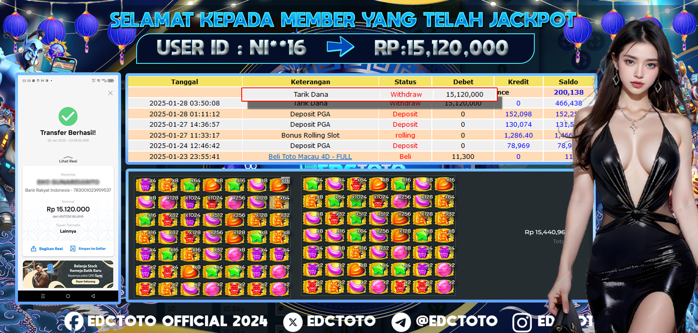 Selamat Kepada Member EDCTOTO JACKPOT 15JT Di SUGAR RUSH ragmatic Play  Jangan ragukan situs RESMI EDCTOTO  ID : NI**16 28-01-2025  RP : 15,120,000 untuk kemenangan sudah mendarat ke rekening pemenang  