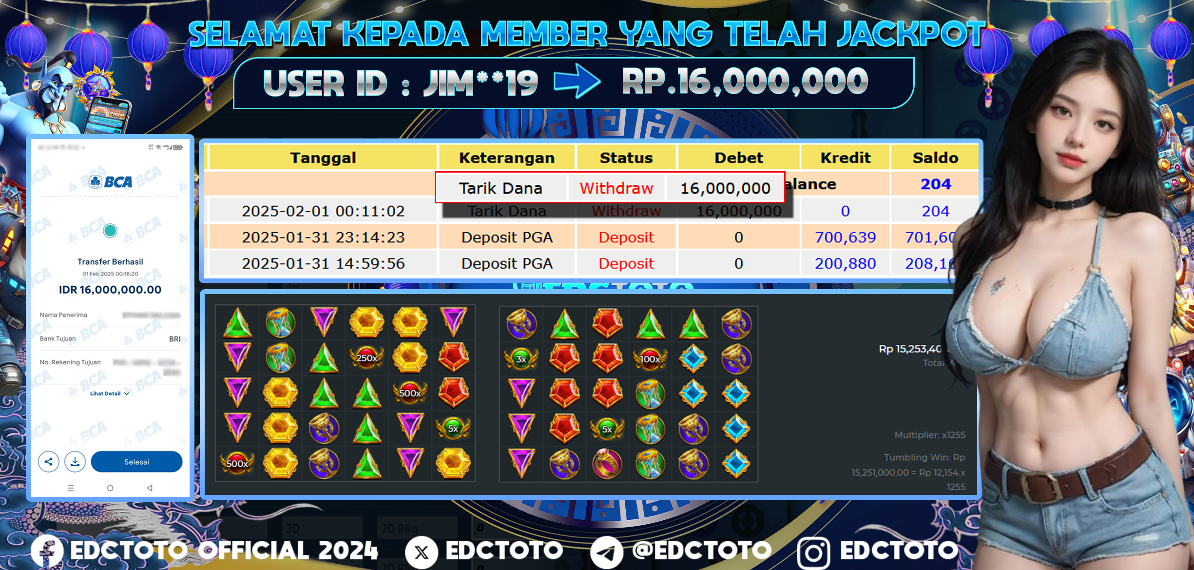 Selamat Kepada Member EDCTOTO JACKPOT 16JT DI GATES OF OLYMPUS  Pragmatic Play  Jangan ragukan situs RESMI EDCTOTO  ID : JIM**19 01-02-2025  RP : 16,000.000 untuk kemenangan sudah mendarat ke rekening pemenang  