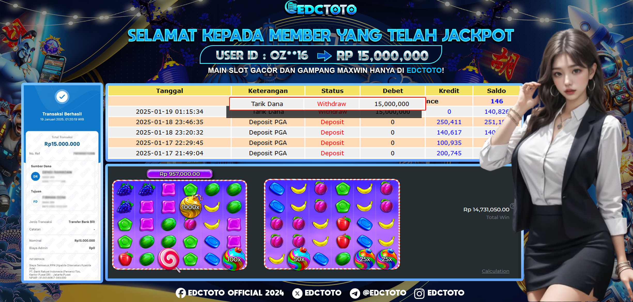 Selamat Kepada Member EDCTOTO JACKPOT 15JT Di  SWEET BONANZA pragmatic play  Jangan ragukan situs RESMI EDCTOTO  ID : oz**16 19-01-2025  RP : 15,000,000 untuk kemenangan sudah mendarat ke rekening pemenang  