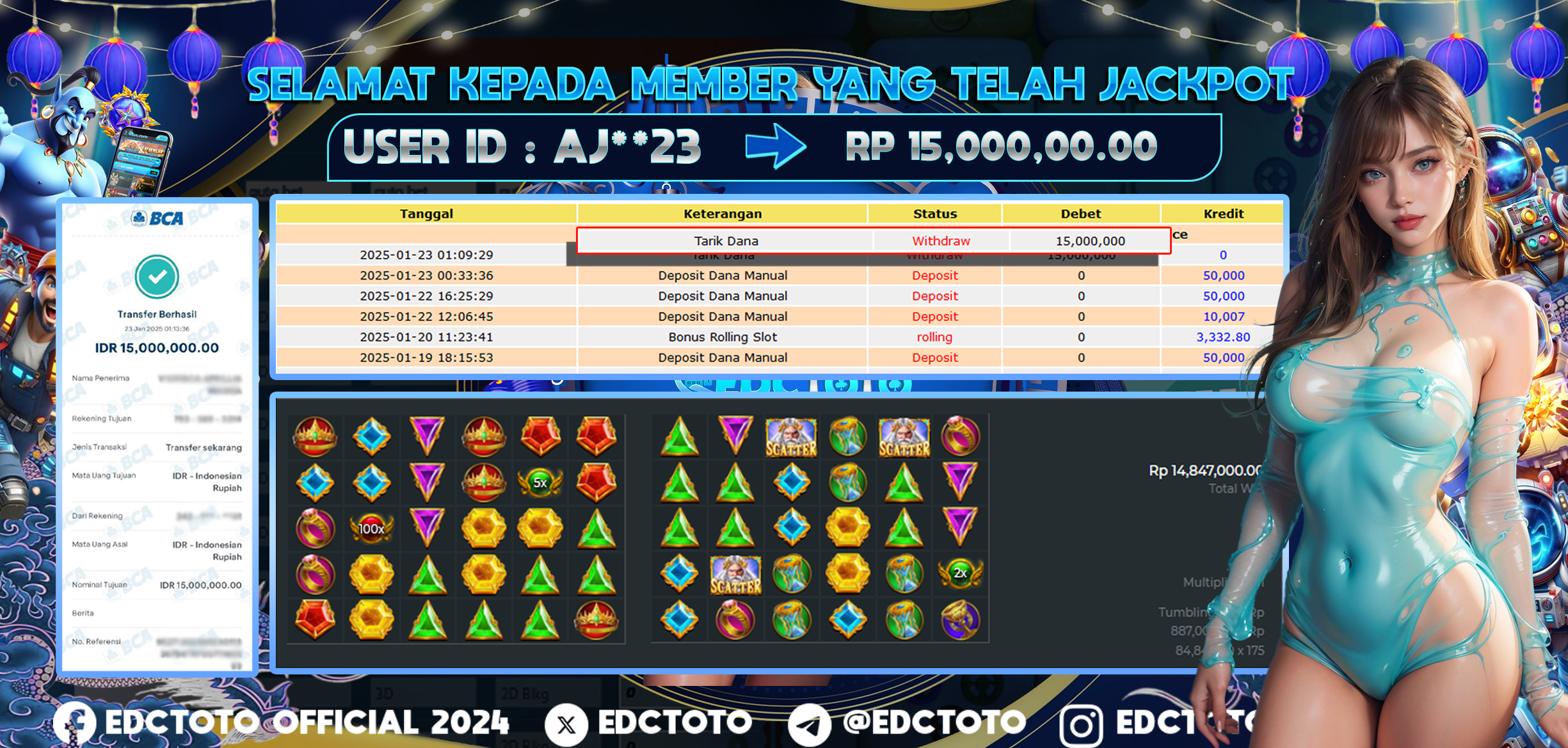 Selamat Kepada Member EDCTOTO JACKPOT 15JT Di GATES OF OLYMPUS Pragmatic Play  Jangan ragukan situs RESMI EDCTOTO  ID : AJ**23 23-01-2025  RP : 15,000,000 untuk kemenangan sudah mendarat ke rekening pemenang