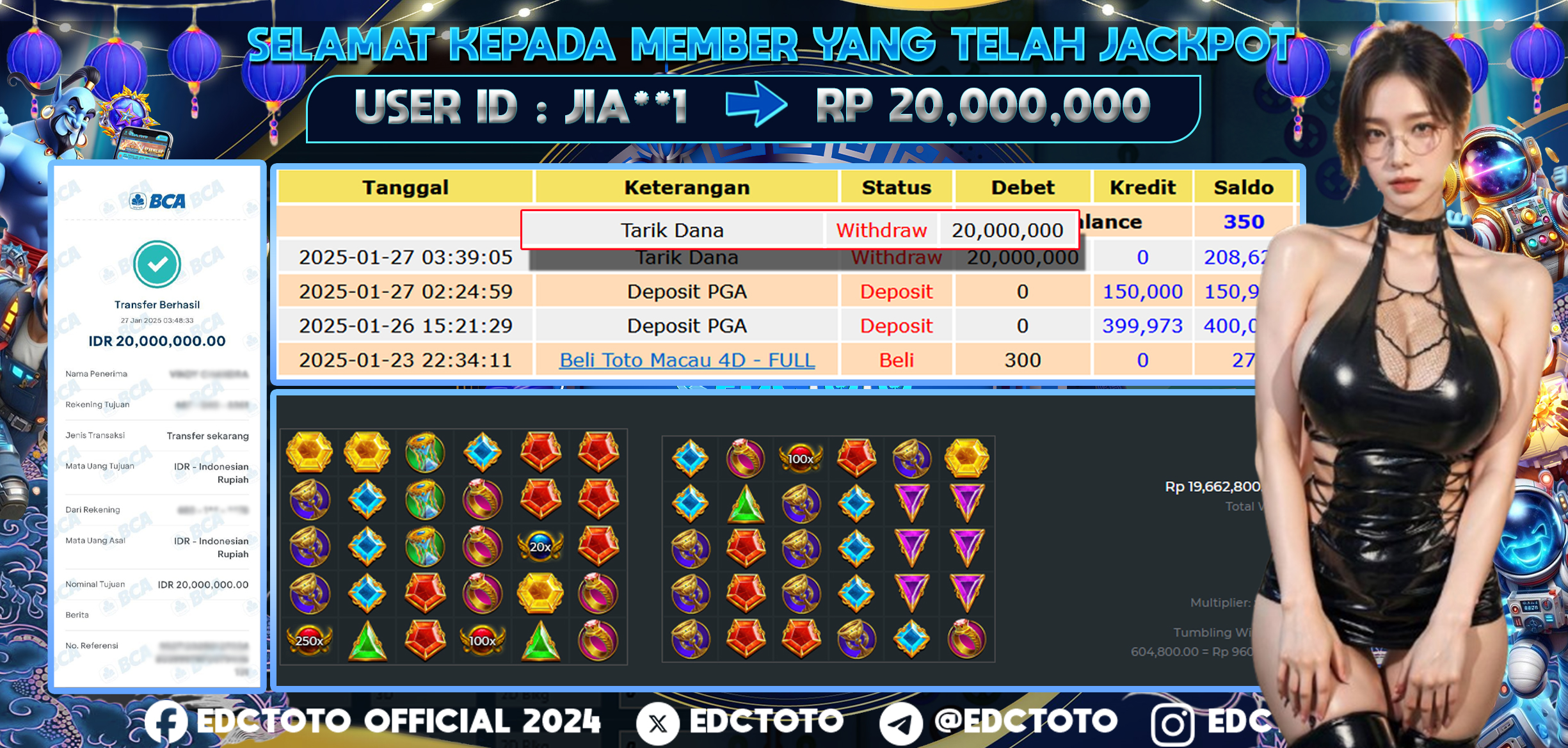 Selamat Kepada Member EDCTOTO JACKPOT 20JT Di GATES OLYMPUIS ragmatic Play  Jangan ragukan situs RESMI EDCTOTO  ID : JIA**1 27-01-2025  RP : 20,000,000 untuk kemenangan sudah mendarat ke rekening pemenang  