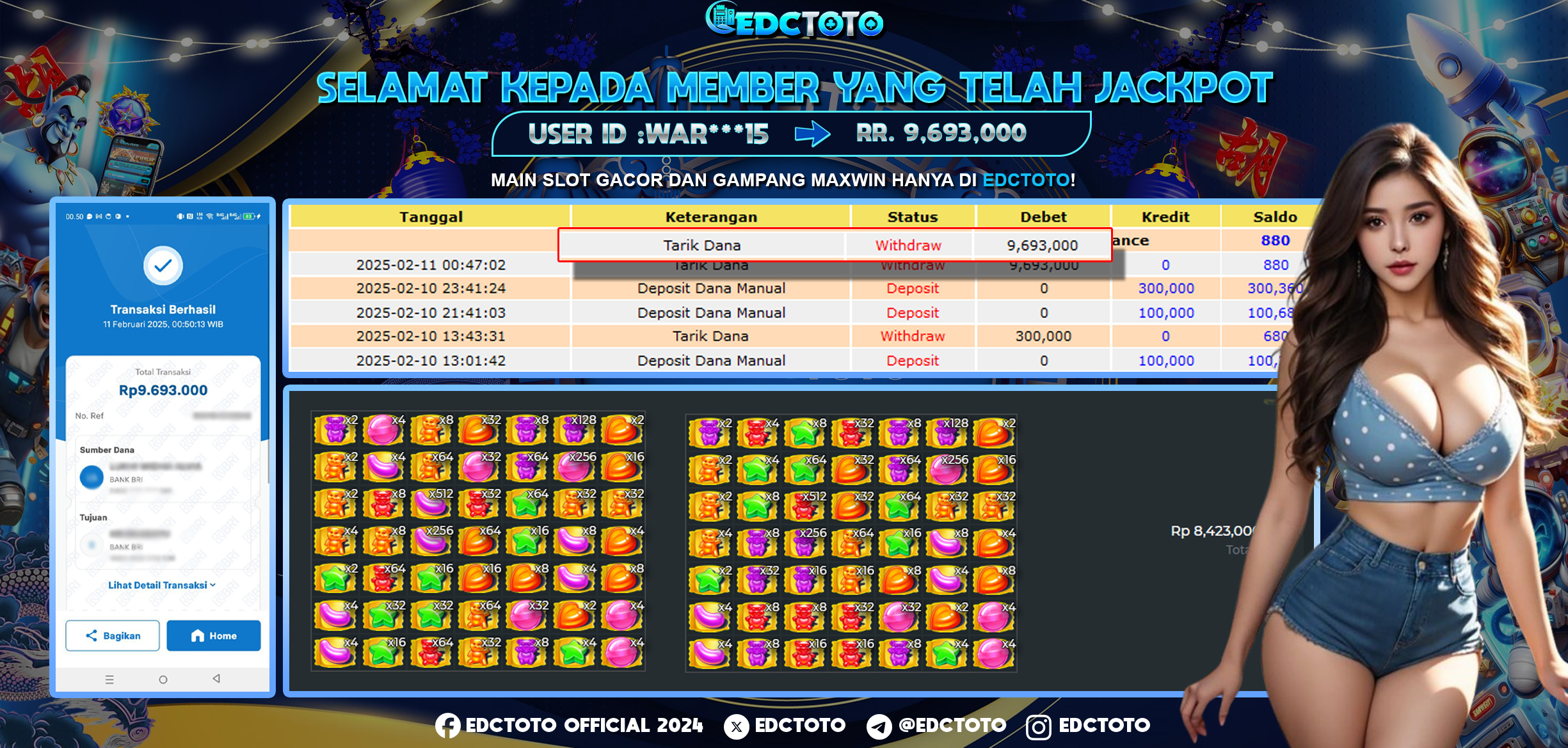 Selamat Kepada Member EDCTOTO JACKPOT 9JT DI SUGAR RUSH Pragmatic Play  Jangan ragukan situs RESMI EDCTOTO  ID :  WAR***15 11-02-2025  RP : 9,693,000 untuk kemenangan sudah mendarat ke rekening pemenang  