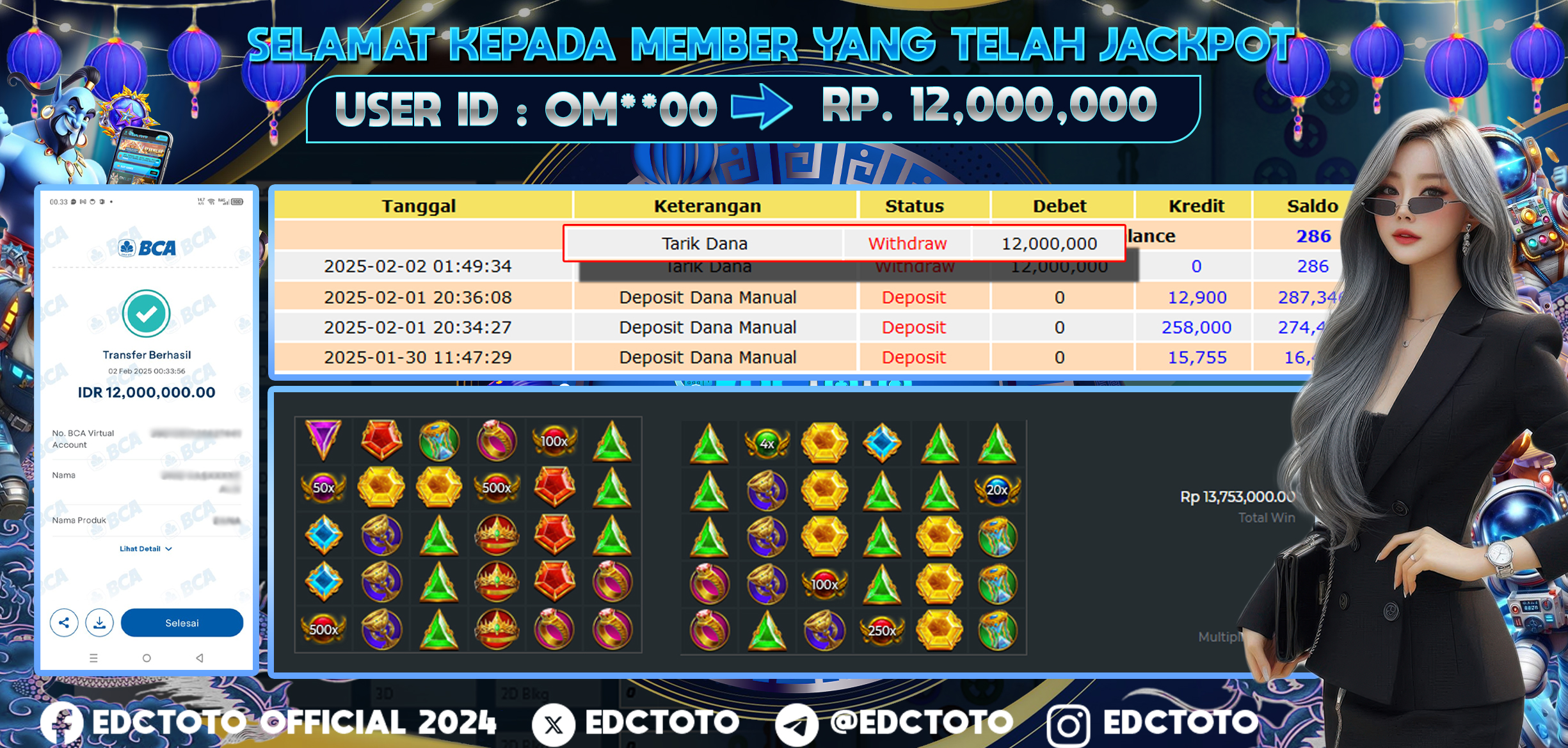 Selamat Kepada Member EDCTOTO JACKPOT 12JT DI GATES OF OLYMPUS  Pragmatic Play  Jangan ragukan situs RESMI EDCTOTO  ID : OM**00 02-02-2025  RP : 12,000.000 untuk kemenangan sudah mendarat ke rekening pemenang