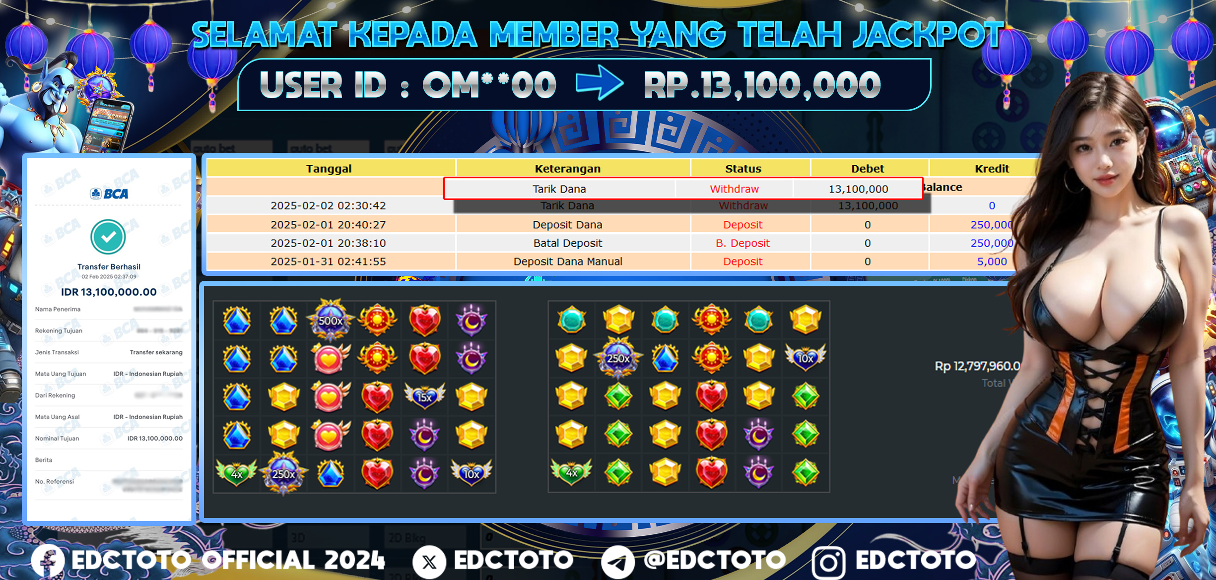 Selamat Kepada Member EDCTOTO JACKPOT 13JT DI GATES OF OLYMPUS  Pragmatic Play  Jangan ragukan situs RESMI EDCTOTO  ID :  OM**00  02-02-2025  RP : 13,000.000 untuk kemenangan sudah mendarat ke rekening pemenang  