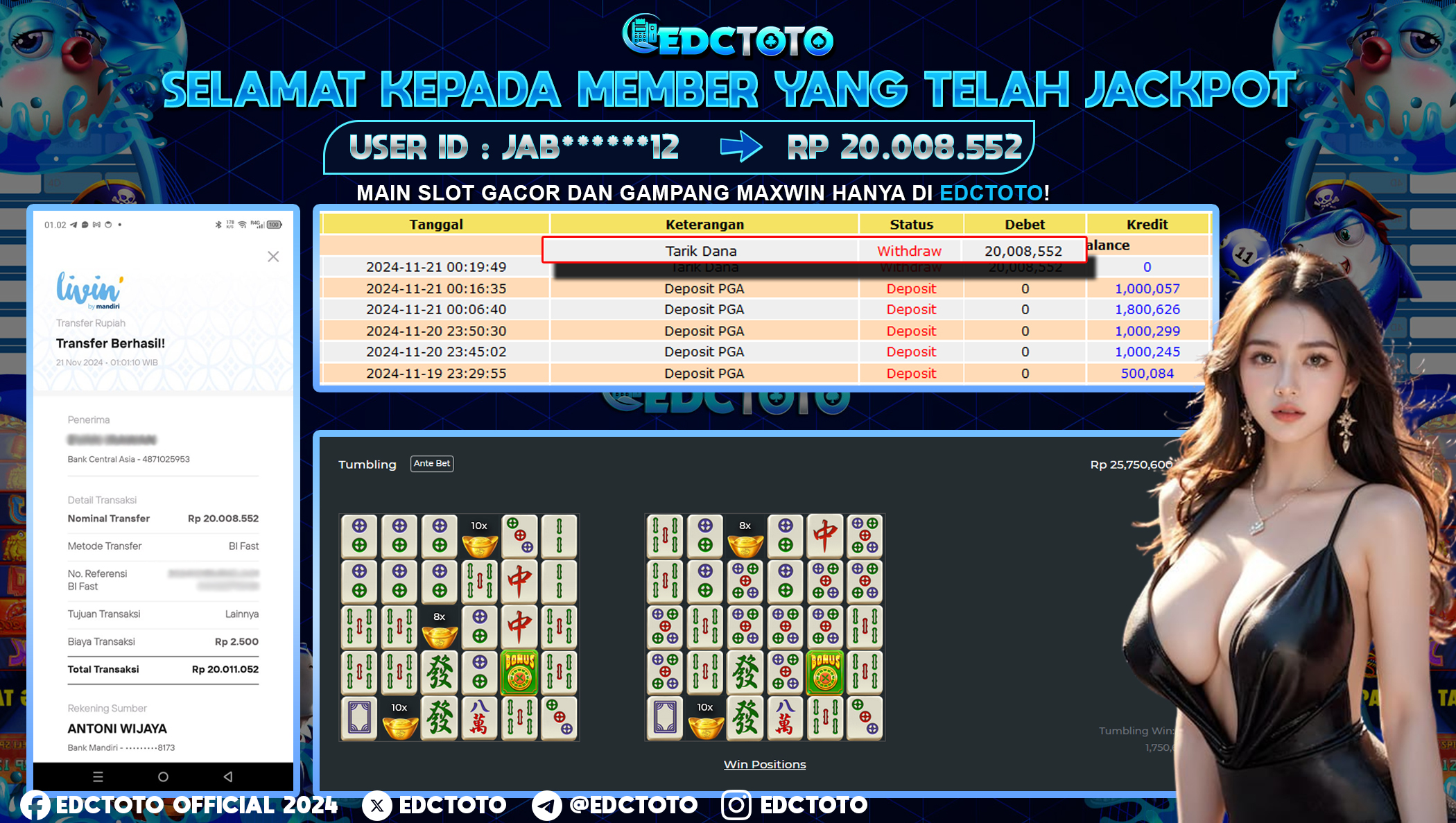 Selamat Kepada Member EDCTOTO JACKPOT 20JT Di Mahjong Bonanza Pragmatic Play jangan ragukan situs RESMI EDCTOTO
