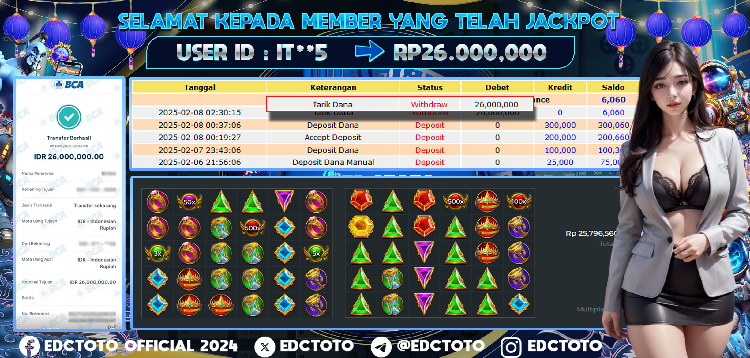 Selamat Kepada Member EDCTOTO JACKPOT 26JT DI GATES OF OLUMPUS  Pragmatic Play  Jangan ragukan situs RESMI EDCTOTO  ID : IT**5  08-02-2025  RP : 26,000.000 untuk kemenangan sudah mendarat ke rekening pemenang  
