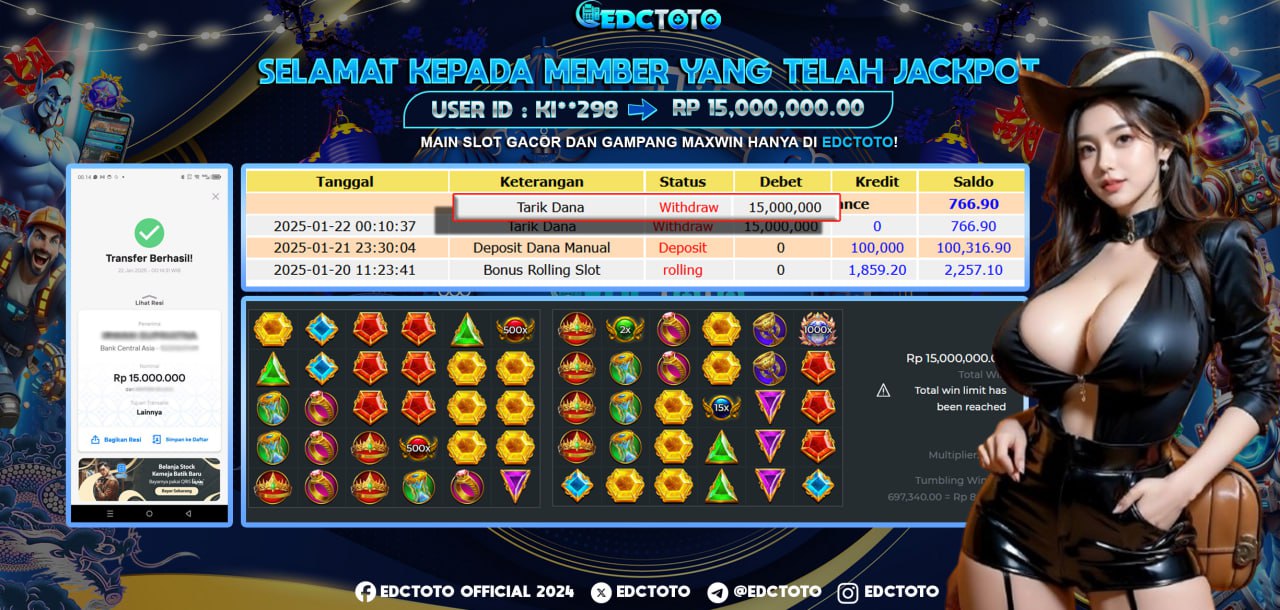 Selamat Kepada Member EDCTOTO JACKPOT 15 JT Di GATES OF OLYMPUS Pragmatic Play  Jangan ragukan situs RESMI EDCTOTO  ID : KI**298 21-01-2025  RP : 15,000,000 untuk kemenangan sudah mendarat ke rekening pemenang