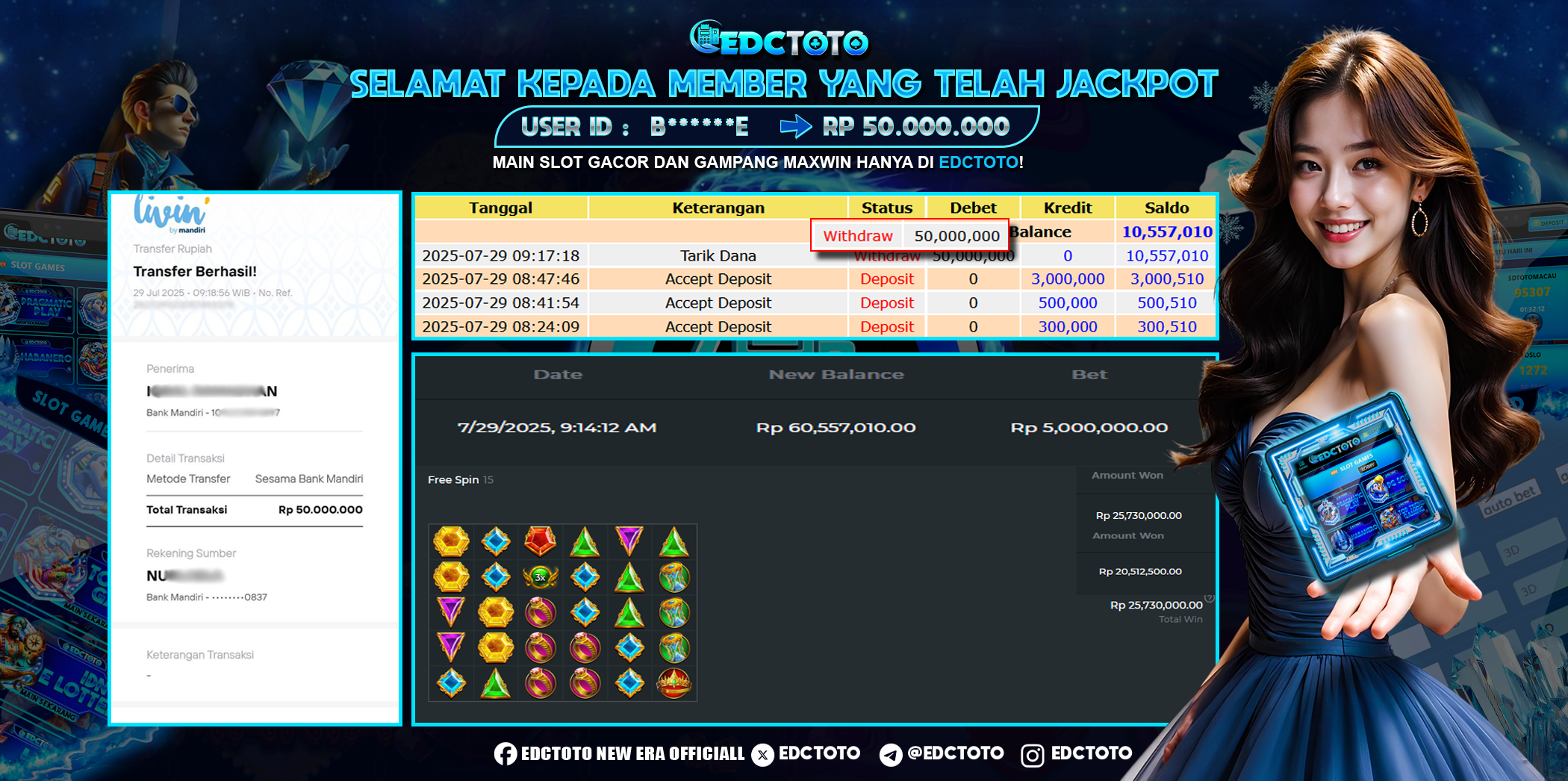 🎉 Selamat kepada Member EDCTOTO atas Jackpot 50 Gates Of Olympus (Pragmatic Play)! 🎉