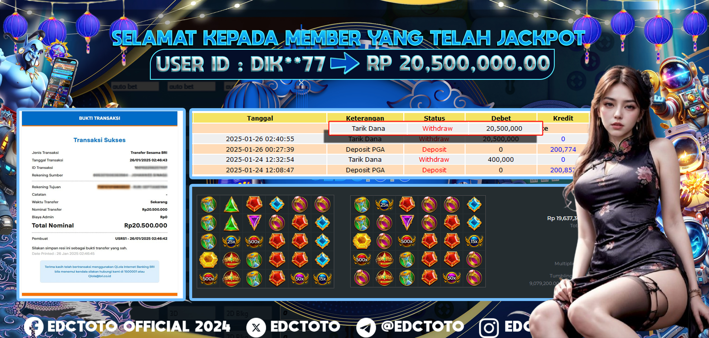 Selamat Kepada Member EDCTOTO JACKPOT 20,5JT Di GATES OF OLYMPUS Pragmatic Play  Jangan ragukan situs RESMI EDCTOTO  ID : DIK**77 26-01-2025  RP : 20,500,000 untuk kemenangan sudah mendarat ke rekening pemenang  