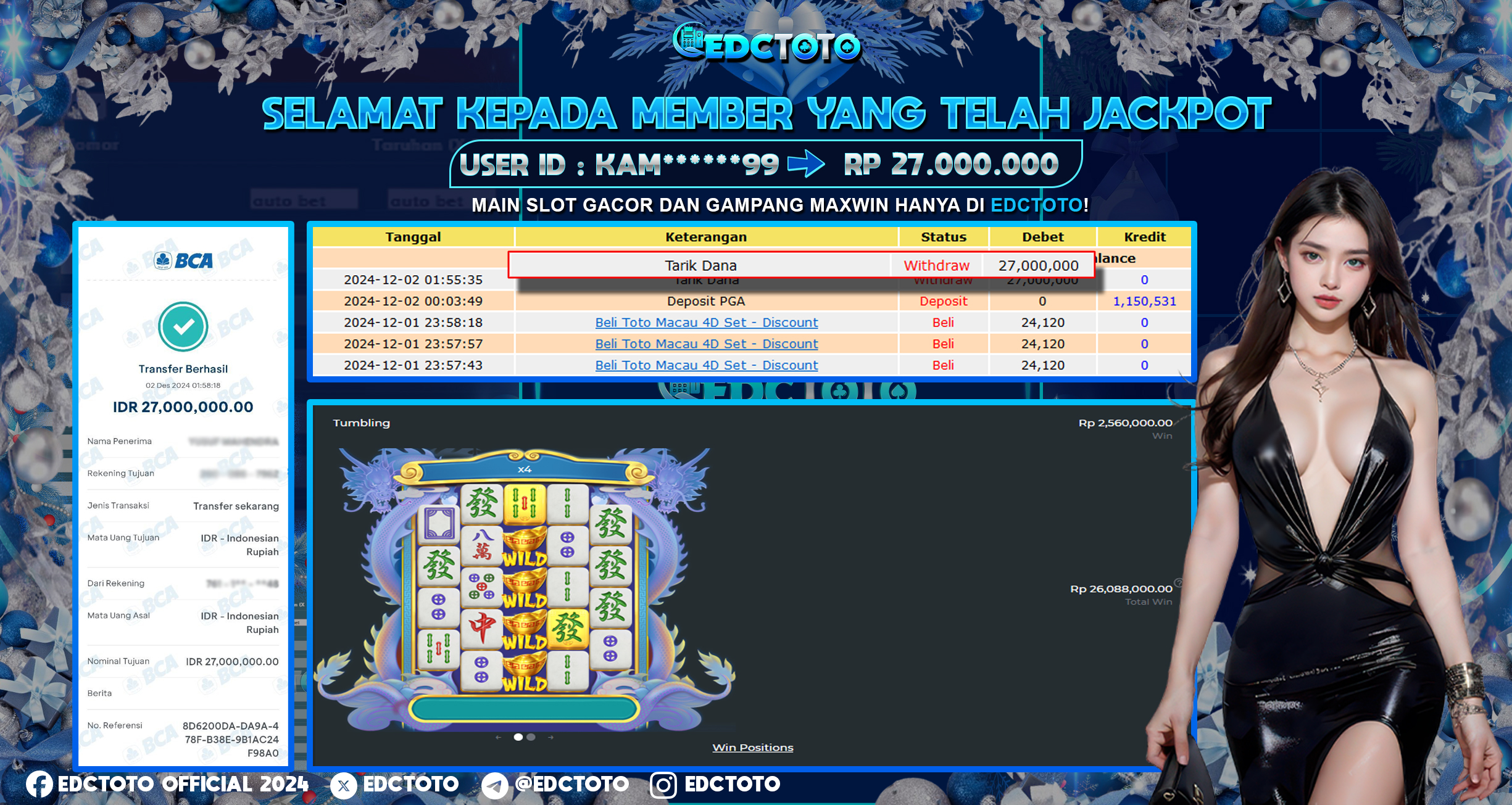 Selamat Kepada Member EDCTOTO JACKPOT 27JT Di  Mahjong Wins 3 - Black Scatter  Jangan ragukan situs RESMI EDCTOTO 