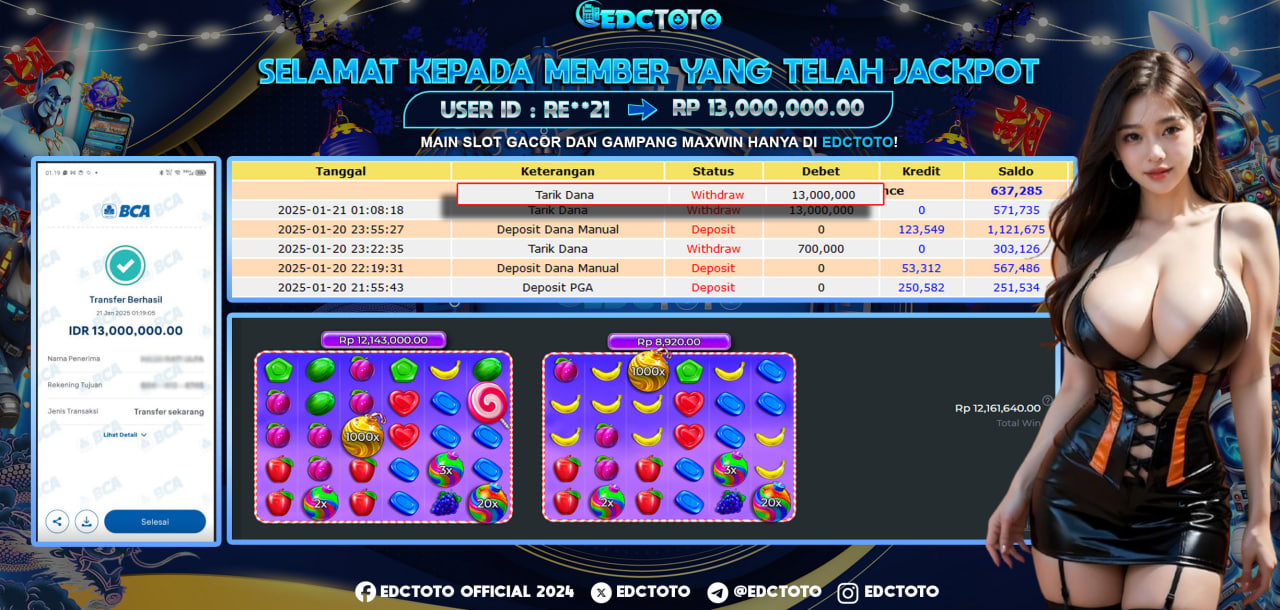 Selamat Kepada Member EDCTOTO JACKPOT 13 JT Di SWEET BONANZA Pragmatic Play  Jangan ragukan situs RESMI EDCTOTO  ID : RE***21 21-01-2025  RP : 13,000,000 untuk kemenangan sudah mendarat ke rekening pemenang