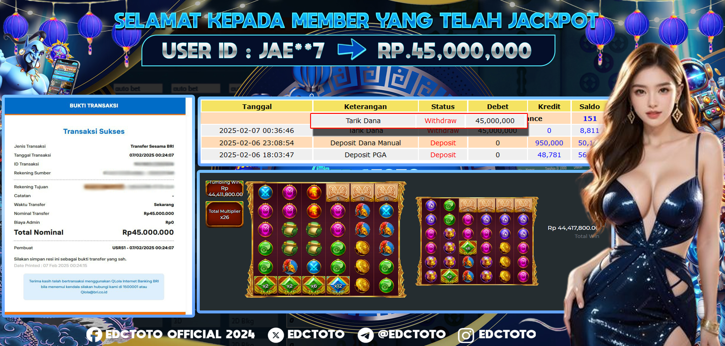 Selamat Kepada Member EDCTOTO JACKPOT 45JT DI Wisdom of Athena 1000 Pragmatic Play  Jangan ragukan situs RESMI EDCTOTO  ID : JAE**7  07-02-2025  RP : 45,000.000 untuk kemenangan sudah mendarat ke rekening pemenang  