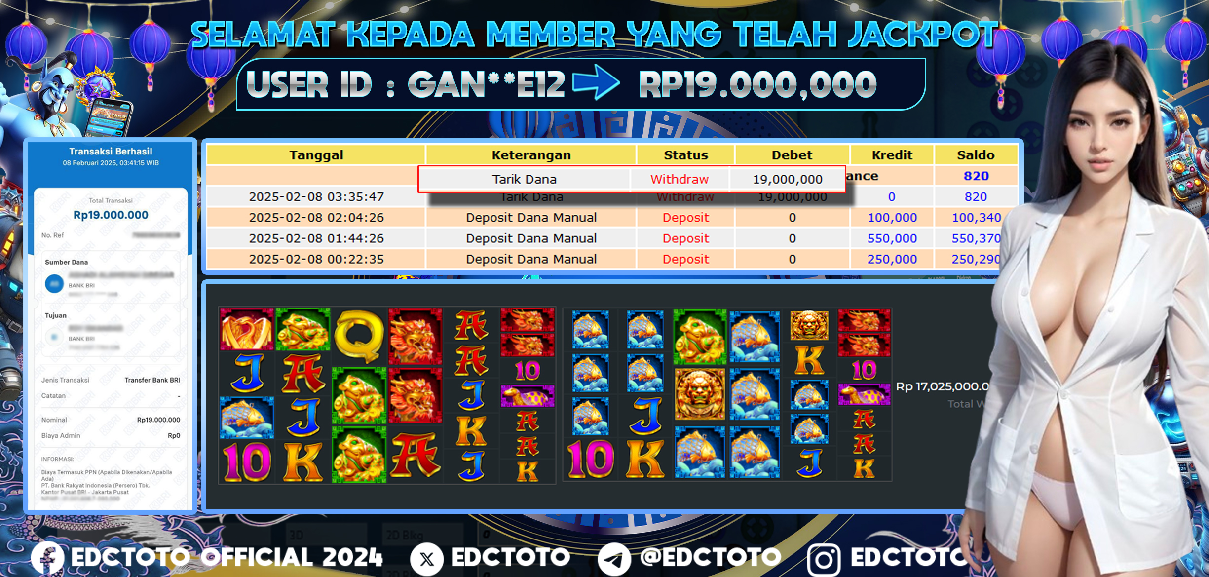 Selamat Kepada Member EDCTOTO JACKPOT 19JT DI LIONS MEGAWAYS Pragmatic Play  Jangan ragukan situs RESMI EDCTOTO  ID :  GAN**E12 08-02-2025  RP : 19,000.000 untuk kemenangan sudah mendarat ke rekening pemenang  