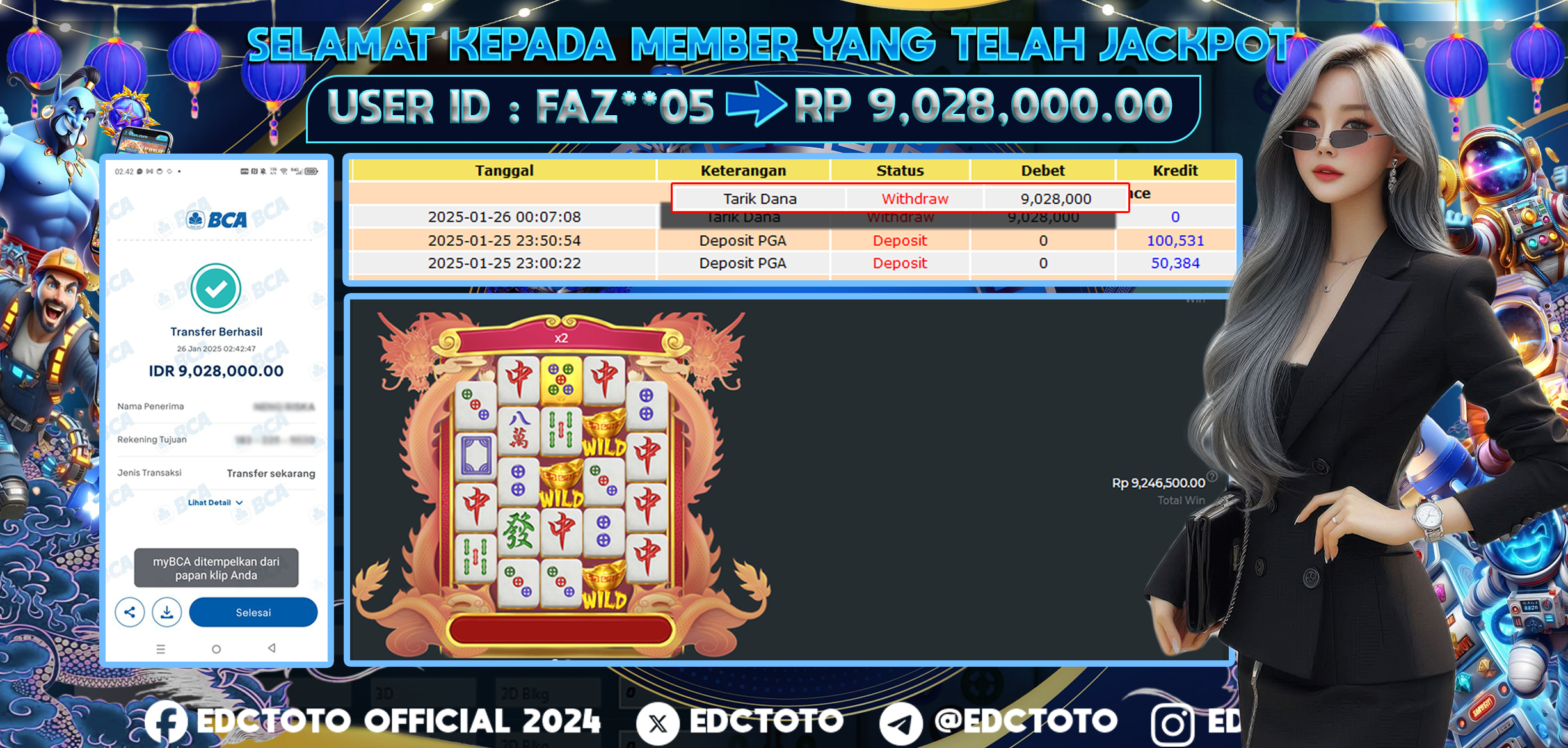 Selamat Kepada Member EDCTOTO JACKPOT 9JT Di MAHJONG WINS 3 Pragmatic Play  Jangan ragukan situs RESMI EDCTOTO  ID : FAZ**05 26-01-2025  RP : 9,028,000 untuk kemenangan sudah mendarat ke rekening pemenang