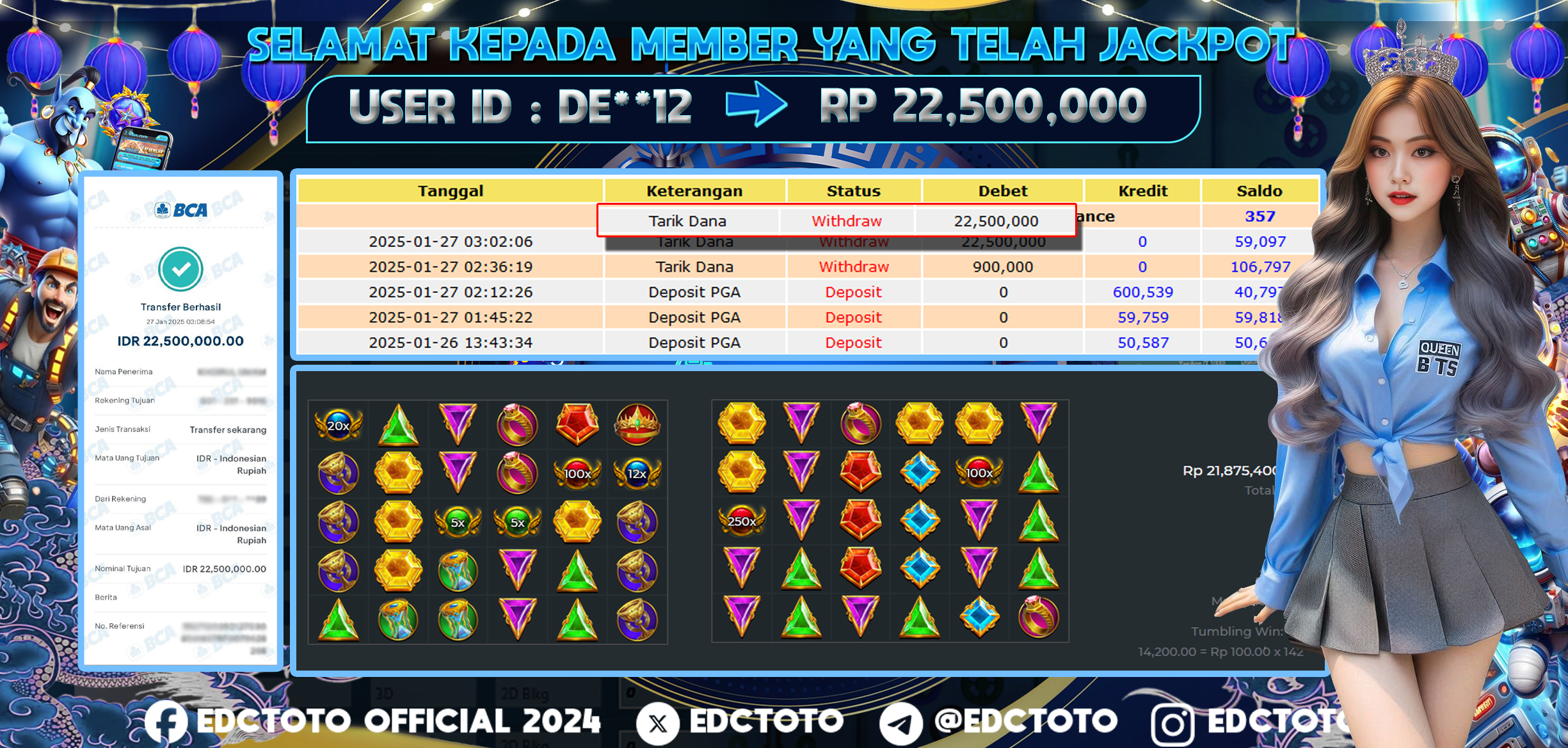 Selamat Kepada Member EDCTOTO JACKPOT 22JT GATES OLYMPUS Pragmatic Play  Jangan ragukan situs RESMI EDCTOTO  ID : DE**12 27-01-2025  RP : 22,500,000 untuk kemenangan sudah mendarat ke rekening pemenang    